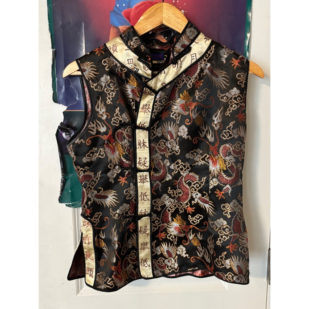 Vintage Chinese Dragon Brocade Vest Black Satin Frog Button Mandarin Collar Top